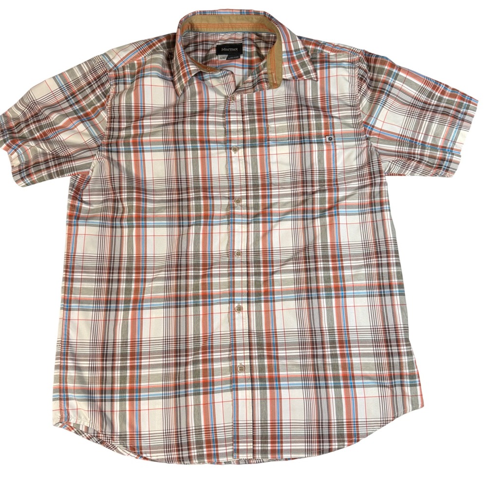 Marmot Eldridge Plaid Short Sleeve Button Front Shirt Men's L – Rust Olive Blue